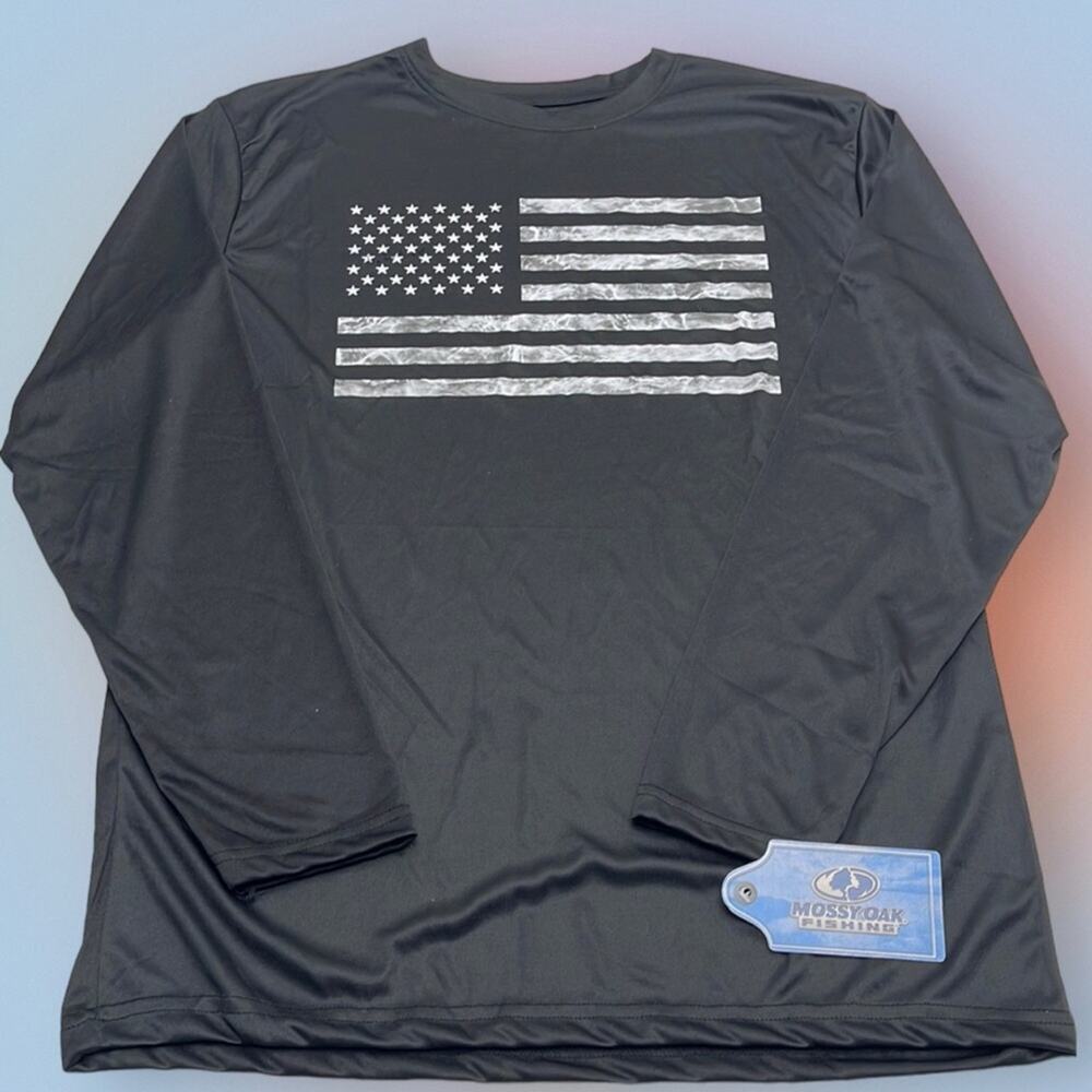 MOSSY OAK FISHING Men’s XL Black USA FLAG Long Sleeve Performance Shirt